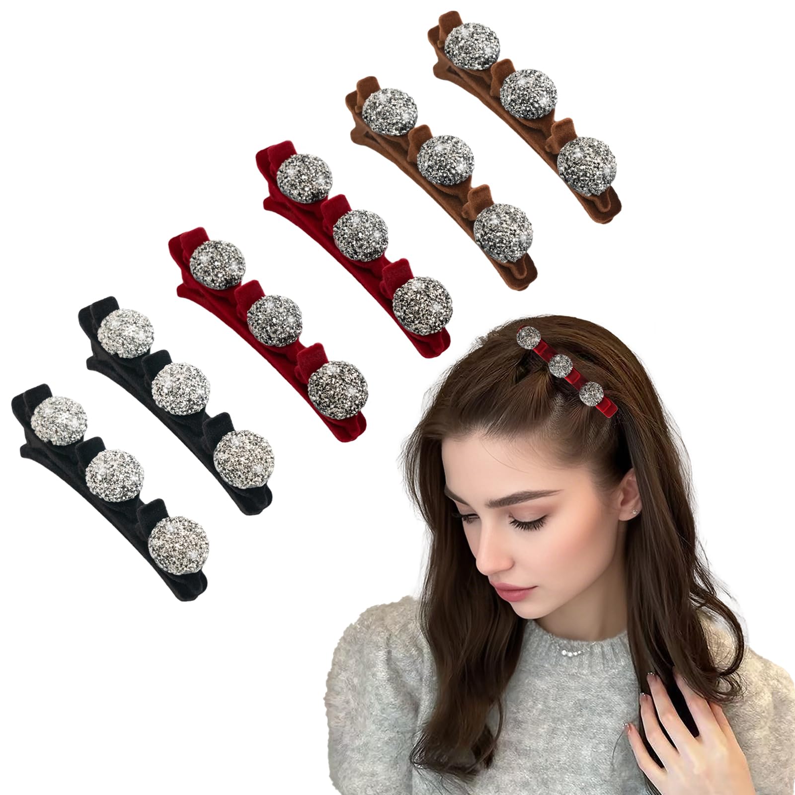SXQLYH Double Layer Hair Clip, 3 Pairs of Braided Hair Clips, Velvet Hair Clip with 3 Clips, Women's Hair Clips with Crystal Stones, Elegant Hair Styling Clips, Rhinestone Hair Clip, Hair Clips (B)