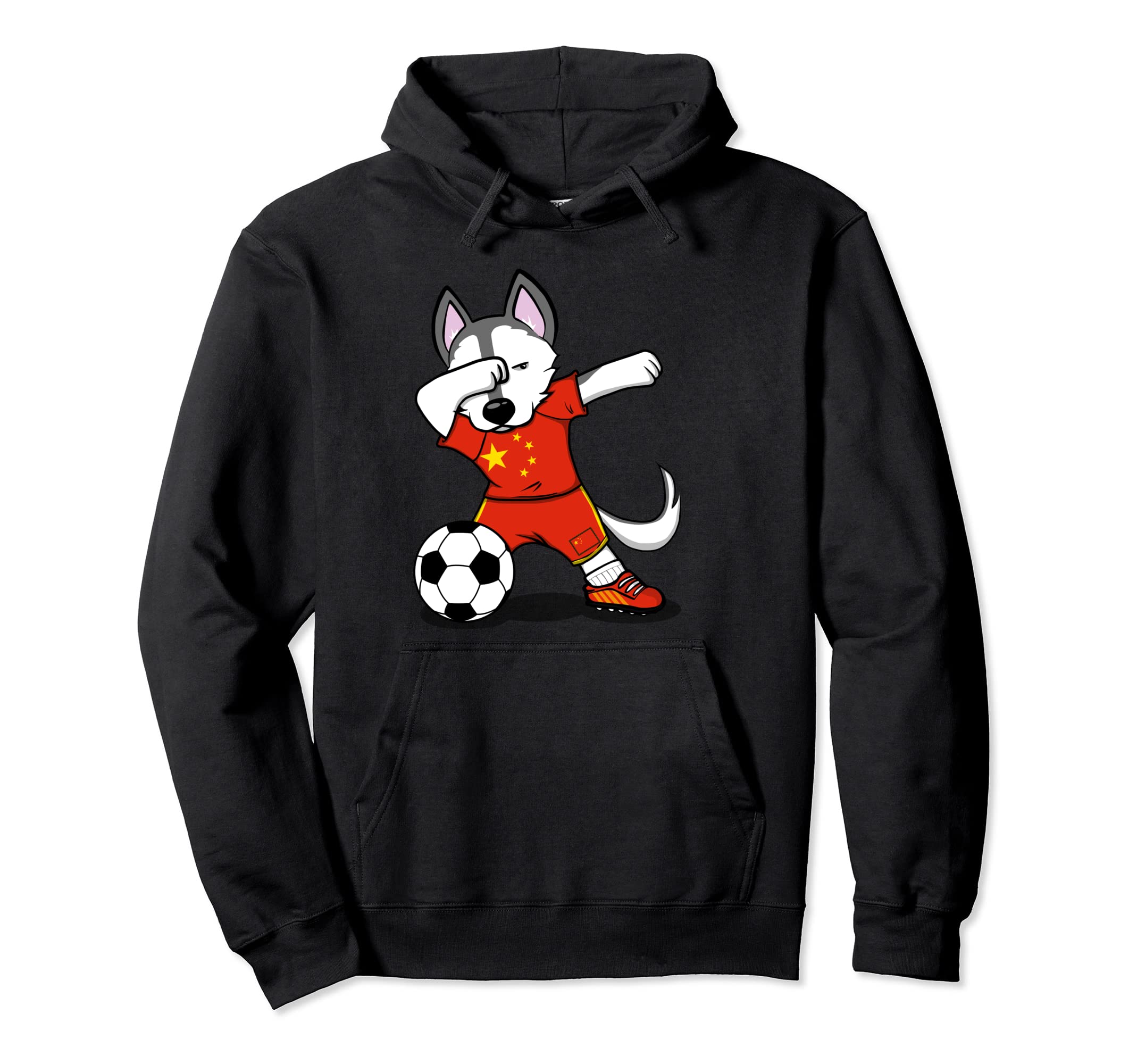 Funny Dabbing Husky Dog China Football - Chinese Flag Soccer Pullover Hoodie