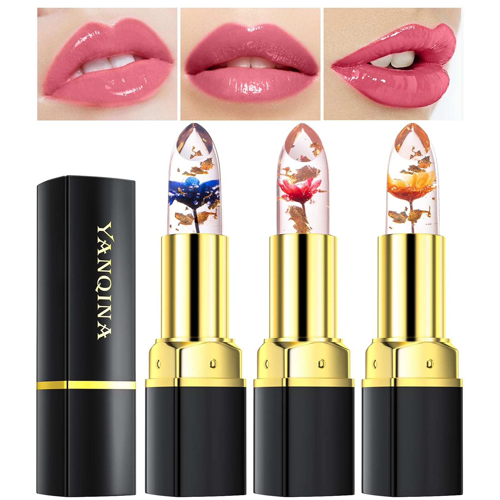 Bekoeen 3Pcs Crystal Flower Jelly Lipstick,Golden Jelly Colour Changing Lipstick,Aloe Vera Nourishing and Moisturizing Lip Balm,for Women Lip Care