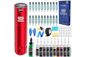 Neebol Wireless Tattoo Pen Kit, Rotary Tattoo Gun, 8 Hours Battery Life, Screen Display, 20 Cartridge Needles, Complete Cordless Tattoo Machine Kit for Beginners and Professionals, Red