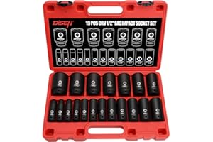 DISEN 19 Pcs 1/2" SAE Impact Socket Set, Deep Sockets 3/8"- 1-1/2", 6-Point Cr-V & Alloy Steel, 1/2 Inches Drive Impact Socket Set,Rugged Construction, Enhanced Storage Case