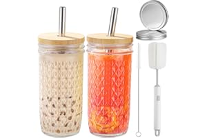 CJWLKJ 2 Pcs Glass Tumbler Cups with Bamboo Lids and Straws, 24oz Boba Bubble Tea Cups with 2 Airtight Lids Iced Coffee Cup, 