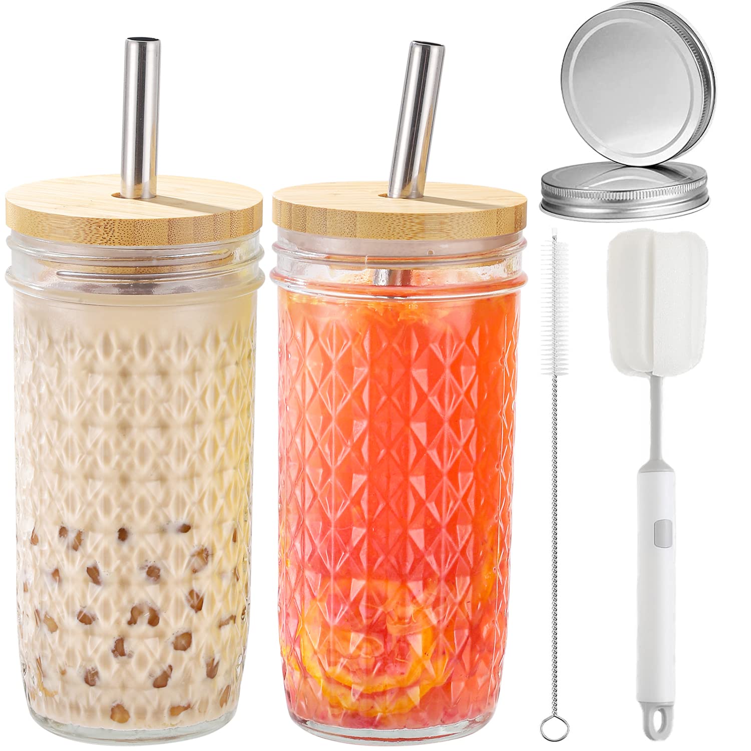 CJWLKJ 2-Pack 24oz Glass Cups Tumbler with Lids and Straws, Reusable Boba Bubble Tea Cups, Mason Jar Drinking Glasses Iced Coffee Cup for Long Drinks, Water, Cocktail, Whiskey, Soda, Gift