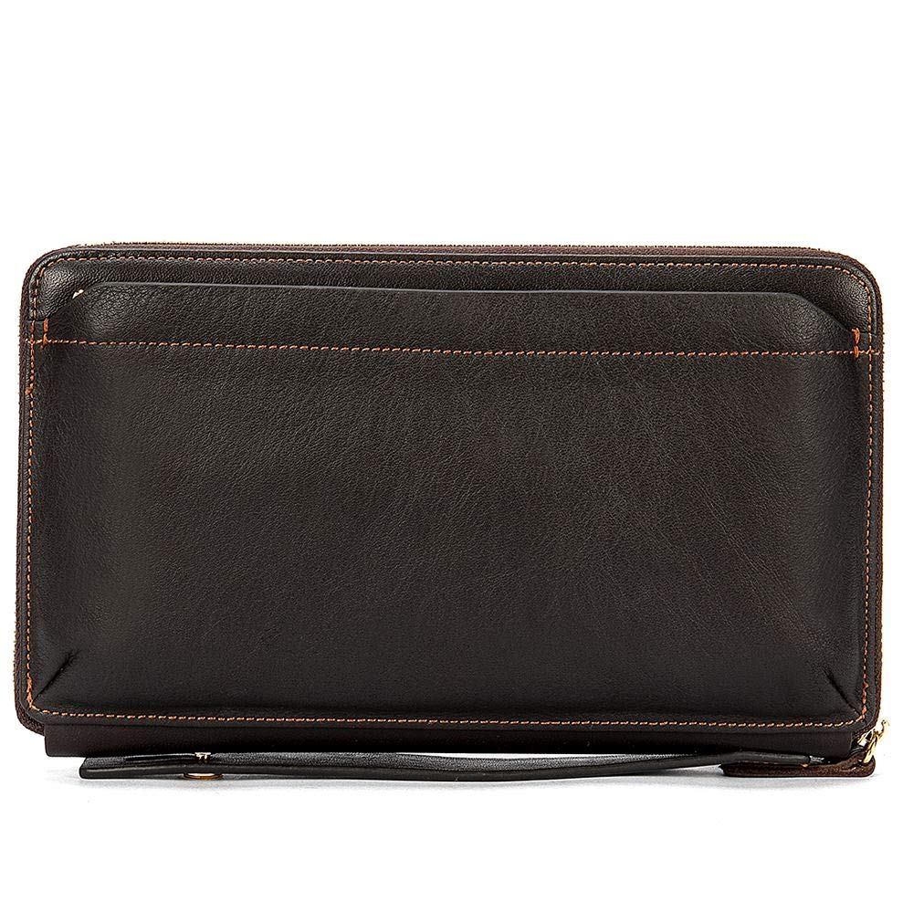 QUEAMBLER Real Leather Clutch Bags for Men Large Zip Around Genuine Leather Purse Vintage Retro Checkbook Handbag Coffee