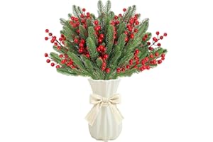 Zonlianxin 38 PCS Fake Plant Artificial Pine Needle Branches with Red Berry Stems Holly for Home Decor Christmas Tree Evergreen Xmas Garland DIY Crafts Decoration