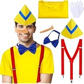 6 Pcs Halloween Storybook Puppet Costume for Adults Fairy Tale Character | Halloween Long Nose Cosplay Outfit Accessories, Yellow Short Sleeve, Hat, Long Nose, Red Suspender, Blue Bow, Gloves