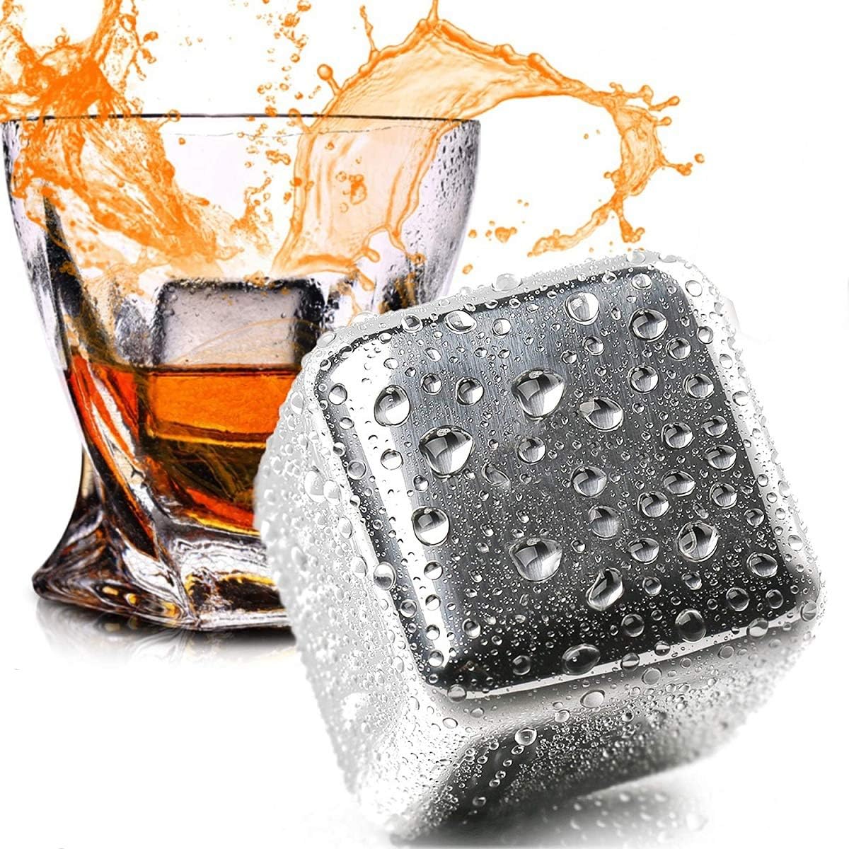 N/X Whiskey Stones Stainless Steel Ice Cubes Reusable, 8 Pack Chilling Whiskey Rocks for Drinks with Tongs & Freezer Storage Tray for Whiskey Wine Beverage, Gift Sets for Men