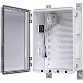 Outdoor Electrical Box with Thermostat and Fan, Ventilated Design, Cable Grommets, Indoor/Outdoor Use with Mounting Panel. (Clear Cover, 15.7"x11.8"x7.1")