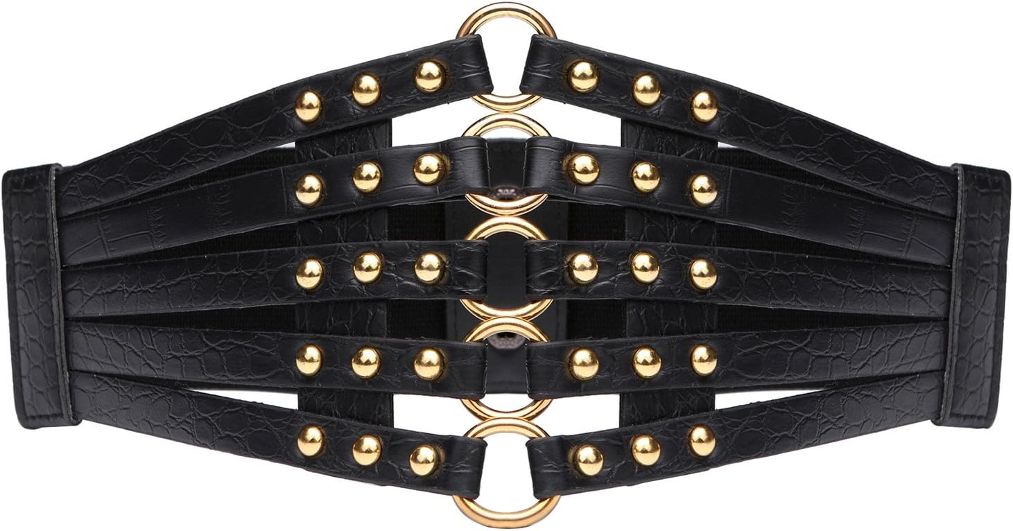 Syuer Womens Faux Leather 5 Metal Rings Wide Waist Belt Elastic Waist Belt