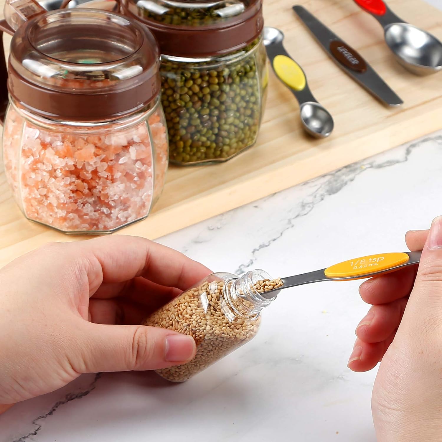 TEMEISI Magnetic Measuring Spoons Set, Dual Sided Stainless Steel Measuring Spoons Fits in Spice Jars, Stackable Teaspoon for Measuring Dry and Liquid Ingredients - Set of 8: Kitchen & Dining