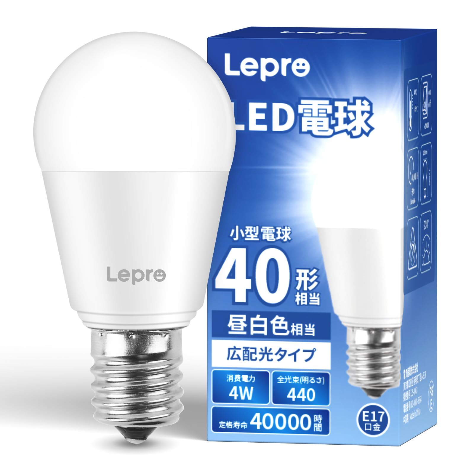 Lepro E17 Mini Krypton LED Light Bulbs, 40W, 440 Lumens, Daylight White, 5000K, Non-Dimmable, Wide Light Distribution, High Color Rendering, PSE Certified, Enclosed Fixture, Energy Saving, Kitchen, Bathroom, Living Room, Dining Room, Dressing Room, Bedroom, Hallway, Entryway Lighting, Small Bulbs, Pack of 1