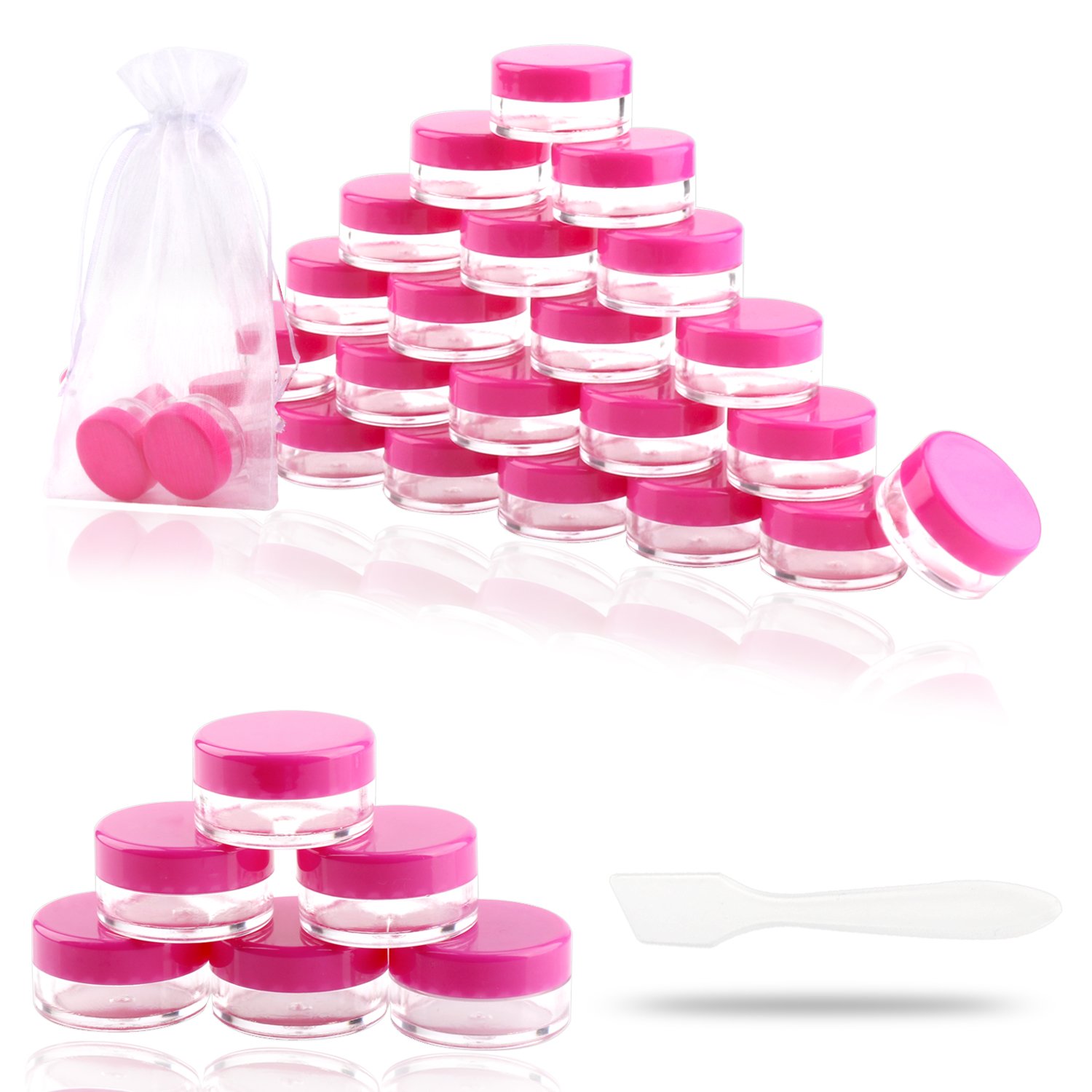 SumDirect 100Pcs 5G/5ML Empty Clear Plastic Cosmetic Containers with Hotpink Lids, Sample Jars, Makeup Sample Containers for Cream Lotion with a Snoop: Beauty