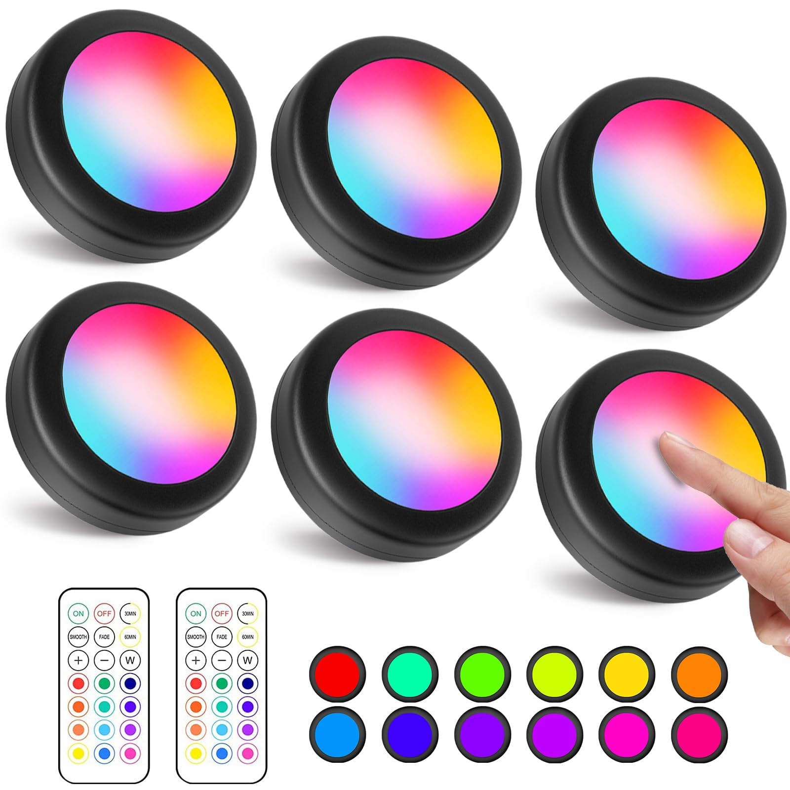 WUYOR Wireless Under Cabinet Lights with Remote, 12 Colors LED Under Cupboard Lighting, Round Stick-on Display Shelf Cupboard, RGB Puck Lights, 6 Pack - Black