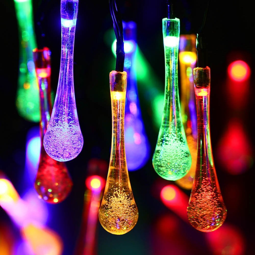 Solar String Lights,30 LED Christmas lights water drop, waterproof solar powered fairy lights garden decrotion,8 Modes twinkling outdoor or indoor lights (Colorful)
