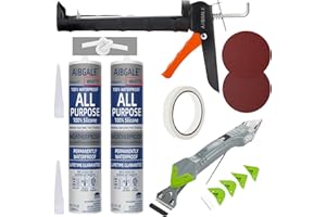AIBGALE Caulking Tool Kit, Caulking Gun, 2 White Silicone Sealant with Gun - All-Purpose 100% Silicone Caulk (20 oz Tube), and 5 in 1 Scraper/Smoothing Tool, Sandpaper, Gloves and Masking Tape