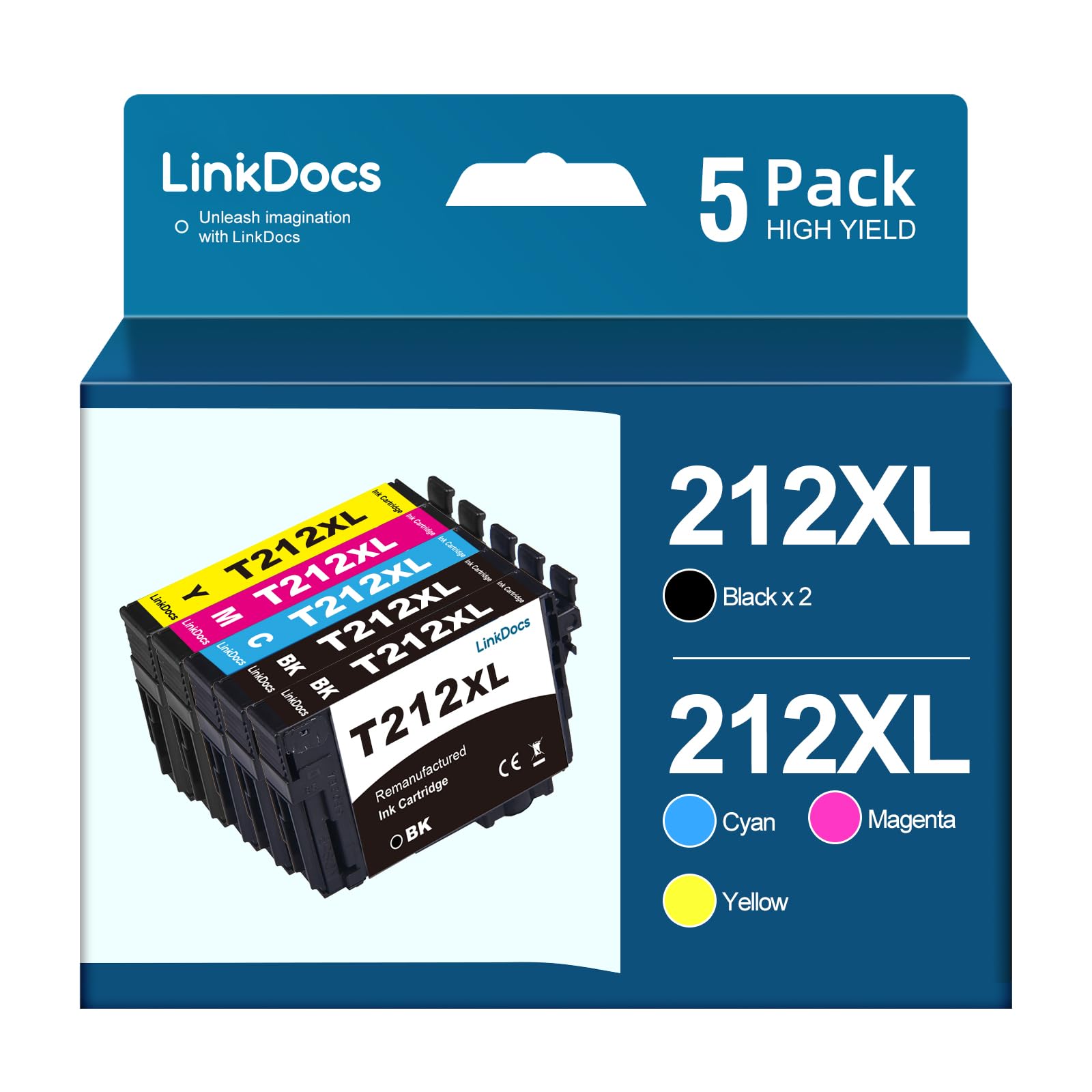 Photo 1 of LinkDocs 212xl ink cartridges for Epson printer Remanufactured Replacement for Epson 212 Ink Cartridges Work with XP-4100 XP-4105 WF-2830 WF-2850 Printer (2 Black, 1 Cyan, 1 Magenta, 1 Yellow, 5-Pack)