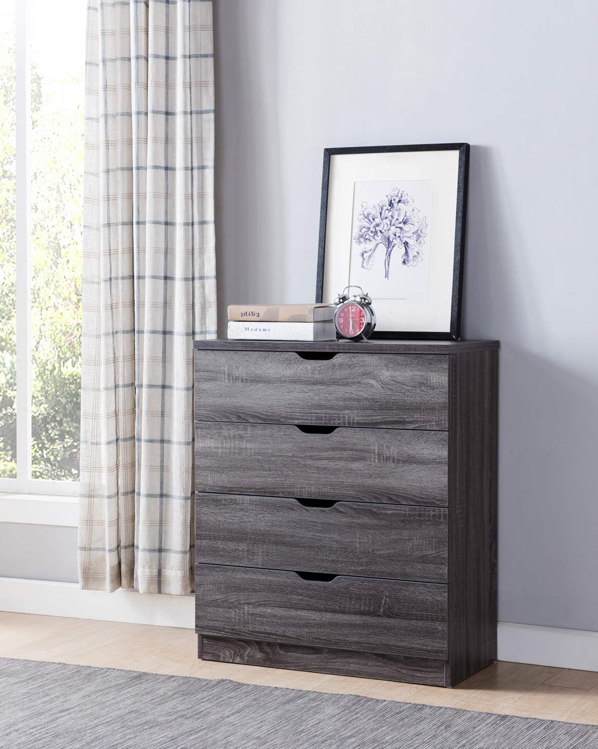 Smart Home K16076 Contemporary 4 Drawer Chest Dresser, Distressed Grey Color, Dresser for Bedroom