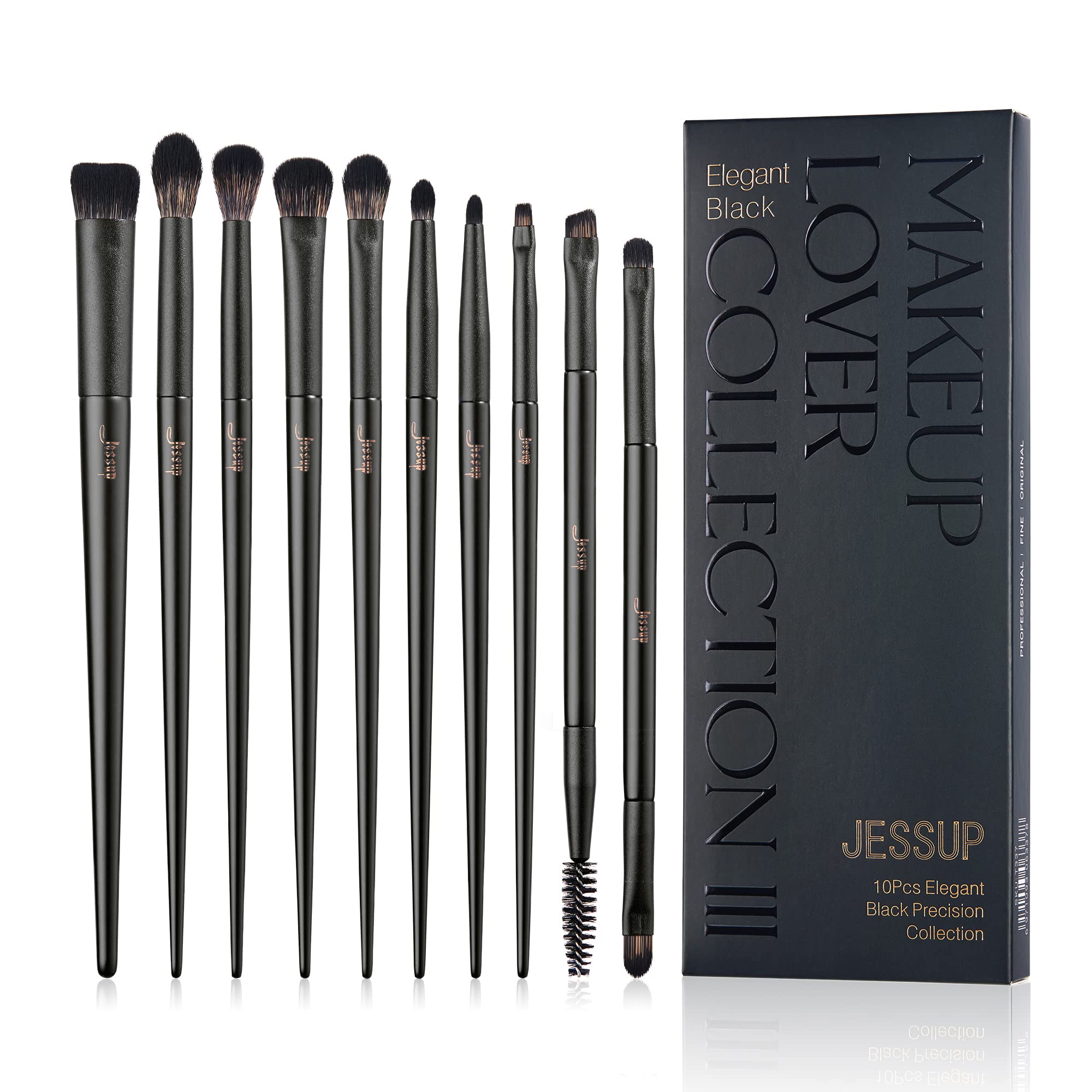 Jessup Eyeshadow Brush Set 10Pcs Professional Eye Makeup Brushes for Blending Eye Shadow Liner Crease Duo-end Brow Brush, Elegant Black T337