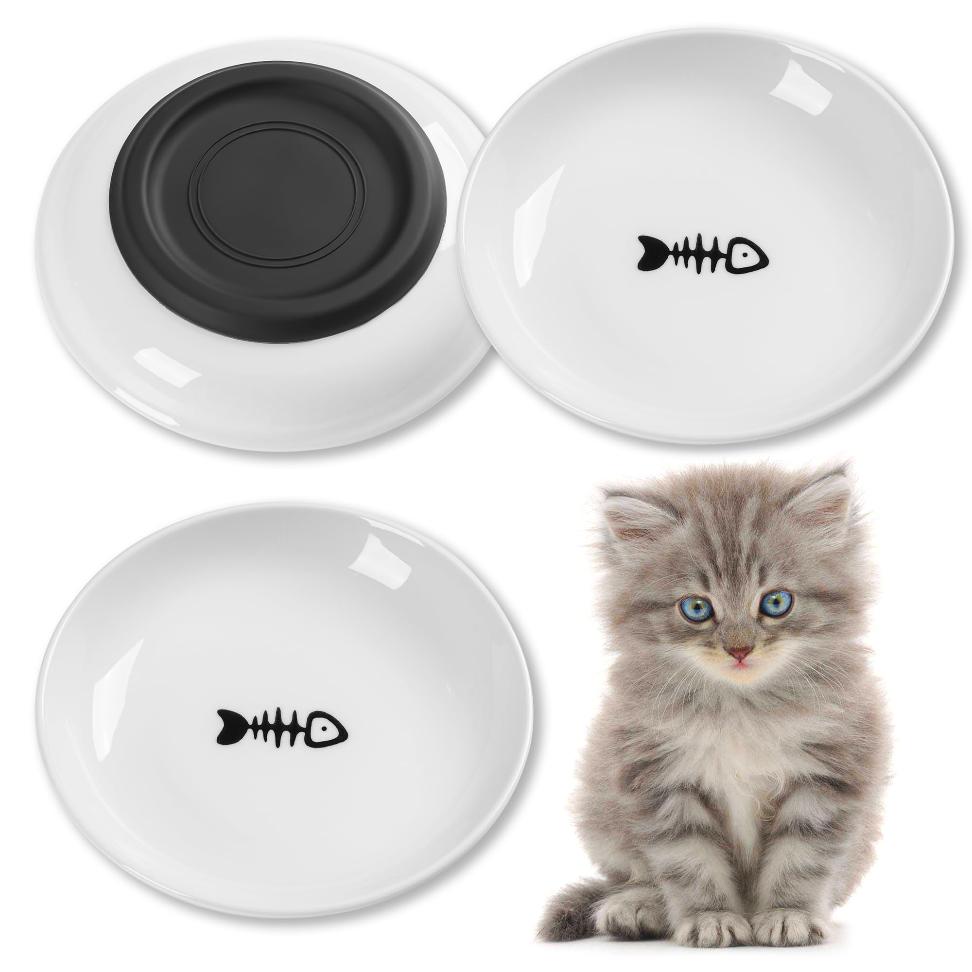 Photo 1 of Kitwinney Cat Food Bowls, Whisker Friendly Ceramic Cat Bowls with Nonslip Silicone Bottom, Pack of 3 Quiet Cat Dishes and Plates for Feeding Indoor Cats, Kittens and Small Dogs(Fishbone)