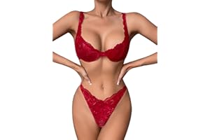 Dlsave Women's Sexy Exotic Lace 2 Piece Lingerie Set Sexy Floral Underwired Bra and Panty Sets