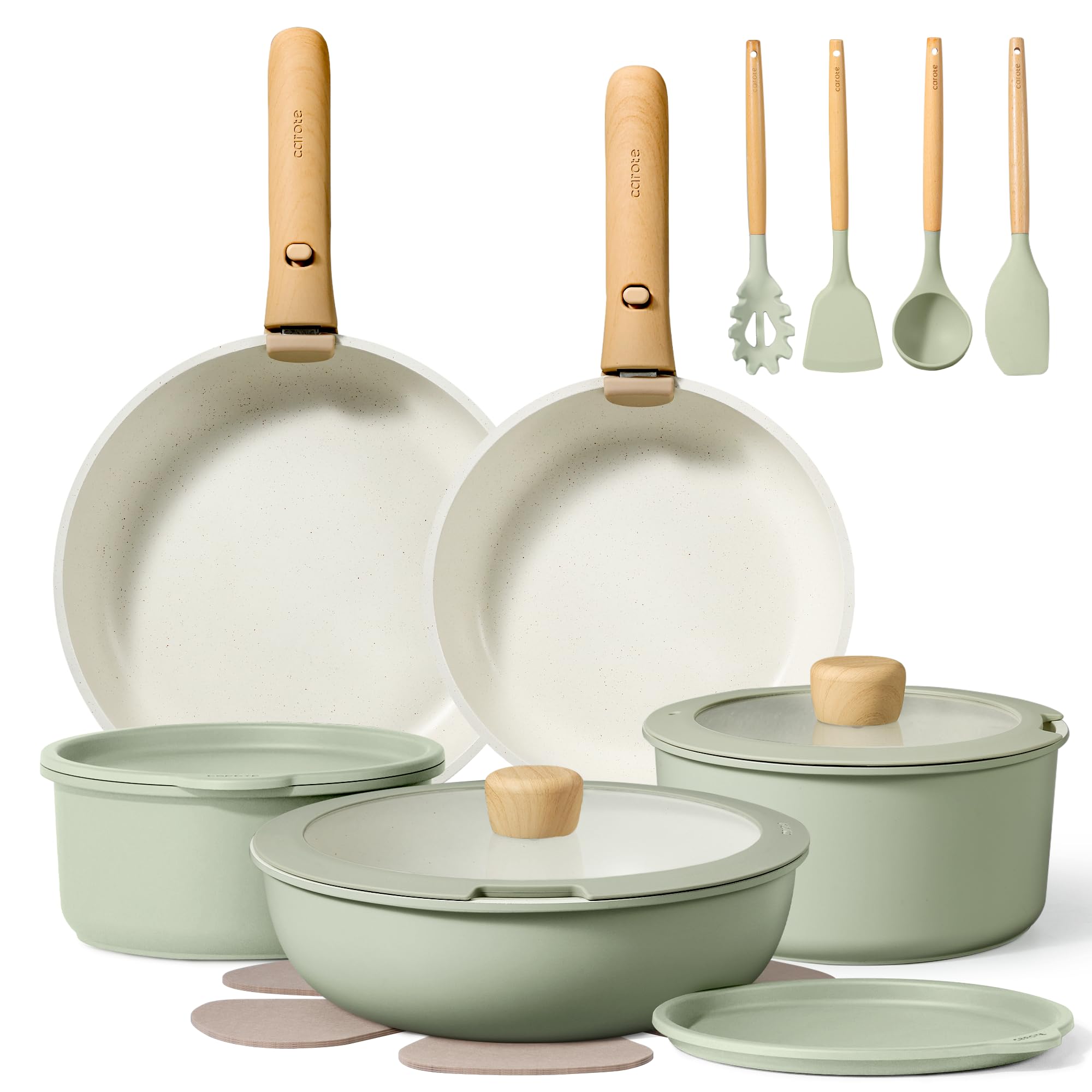 Photo 1 of CAROTE Pots and Pans Set, Nonstick Cookware Set Detachable Handle, 19pcs Induction Kitchen Cookware Sets Non Stick with Removable Handle, RV Cookware Set, Oven Safe, Sage Green