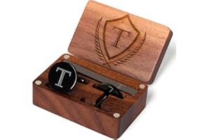 PROPHET CLUE PC Mens Initial Cufflinks and Tie Clip A-Z Alphabet Letter Black Stainless Cuff Links Tie Bar with Engraved Walnut Wood Box Groom Groomsman Wedding Set