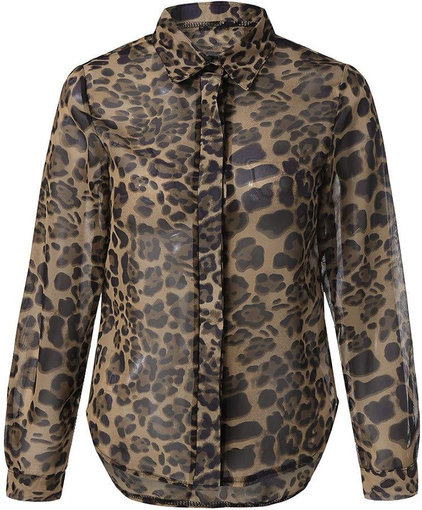 Damen Leopard Print Langarm Button Down Chiffon Bluse Shirt Tops