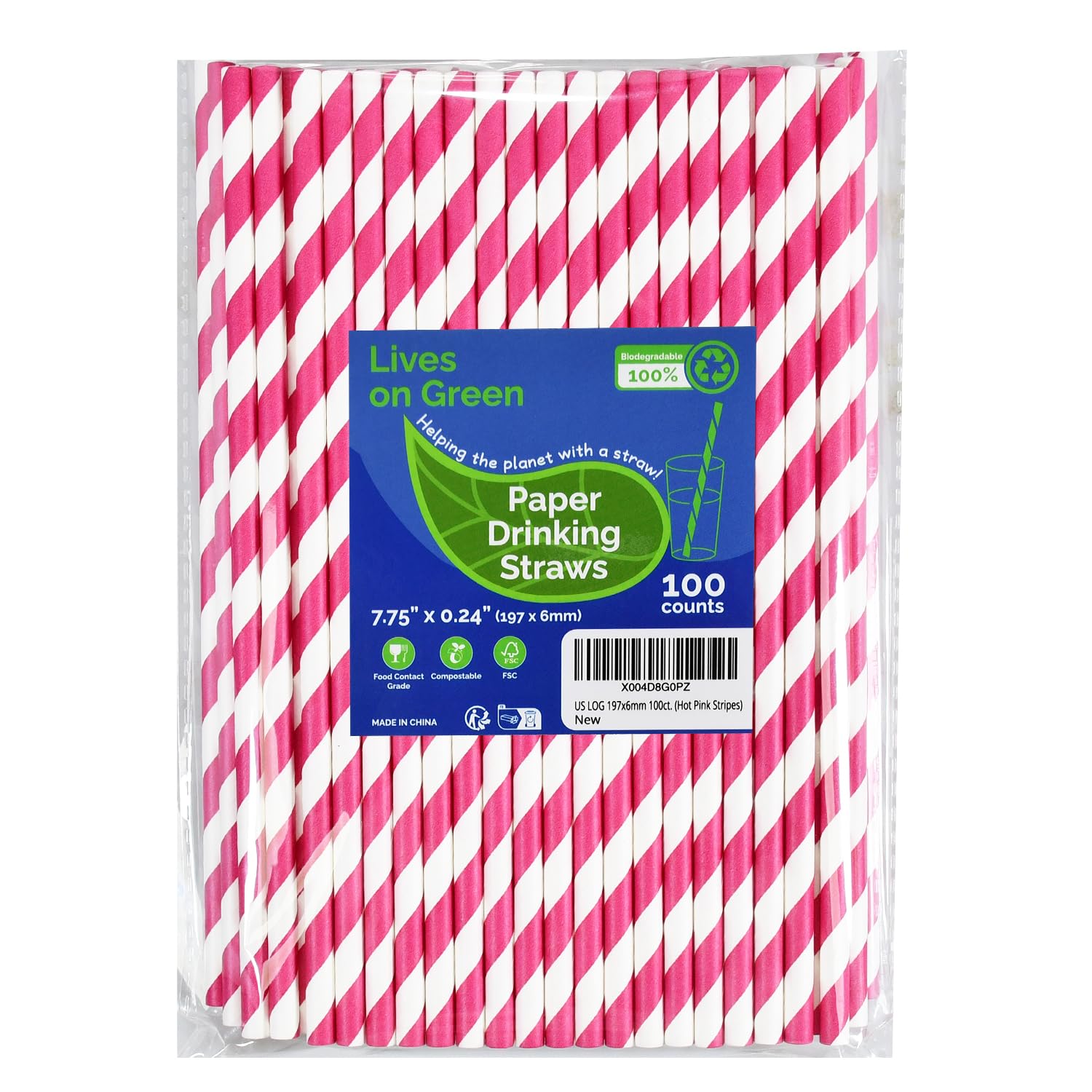 Lives on Green 19.7 cm Hot Pink Striped Paper Drinking Straws - Unpacked, Pack of 100 - for Party, Wedding, Cocktail, Drink