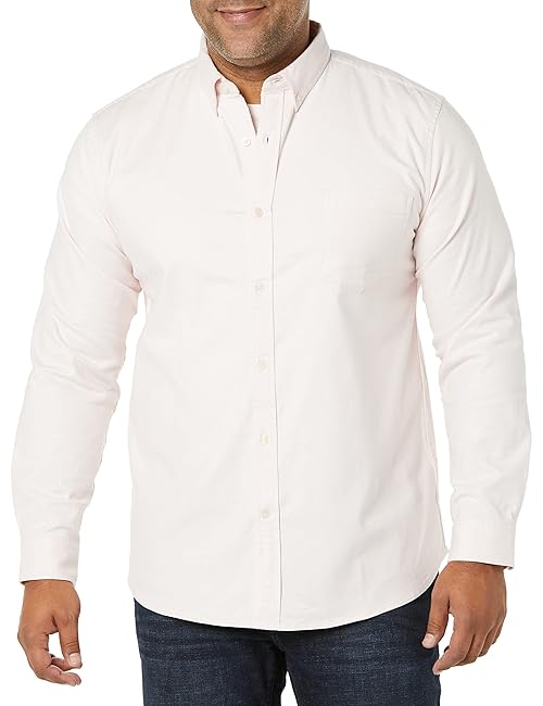 Amazon Essentials Men's Slim-Fit Long-Sleeve Stretch Oxford Shirt with Pocket, Pale Pink, Medium