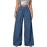 MakeMeChic Women's Pleated Wide Leg Jeans High Waisted Baggy Y2K Denim Pants Streetwear