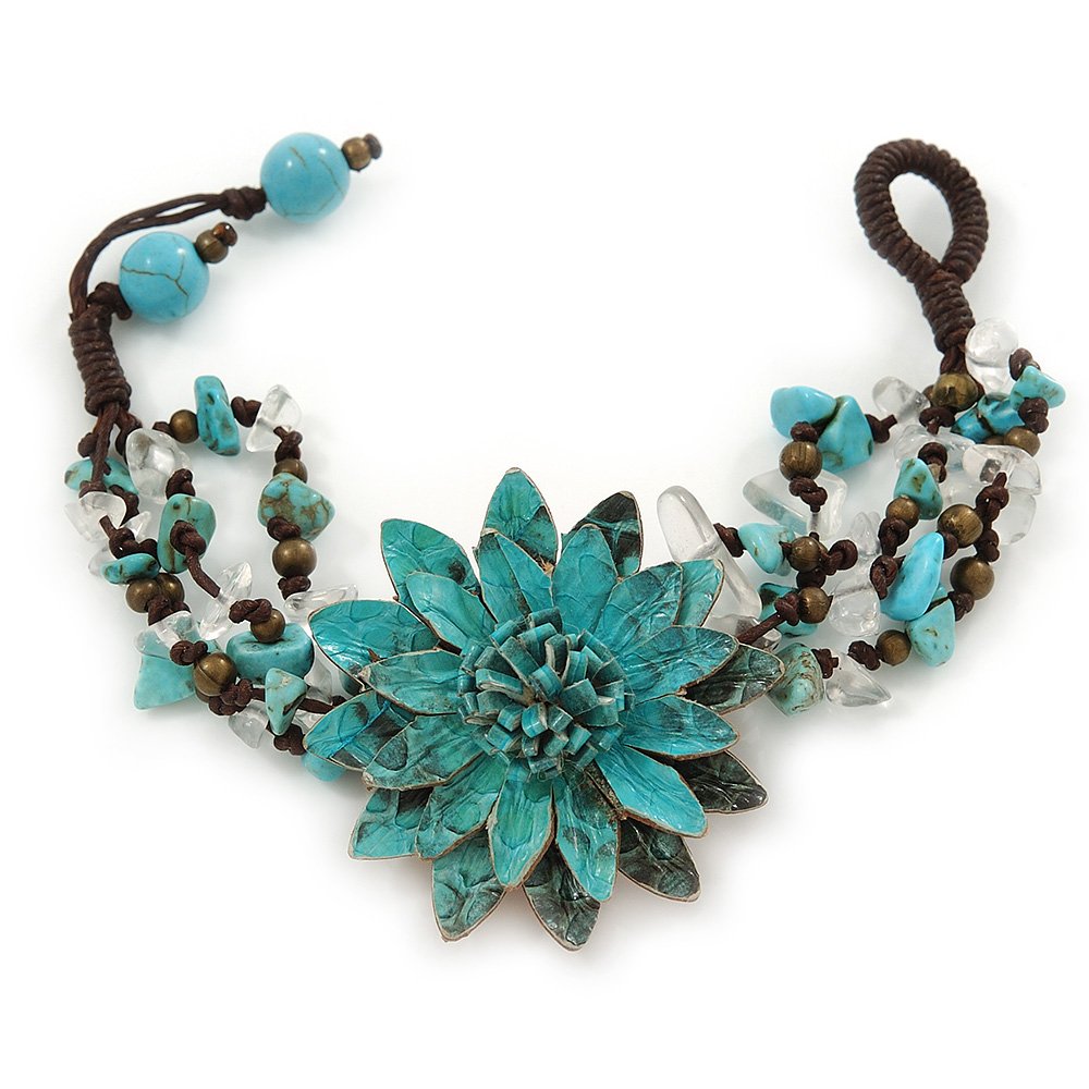 Avalaya Handmade Teal Leather Flower Turquoise Bead Cotton Cord Bracelet - 14cm L/ 2cm Ext - for smaller wrists