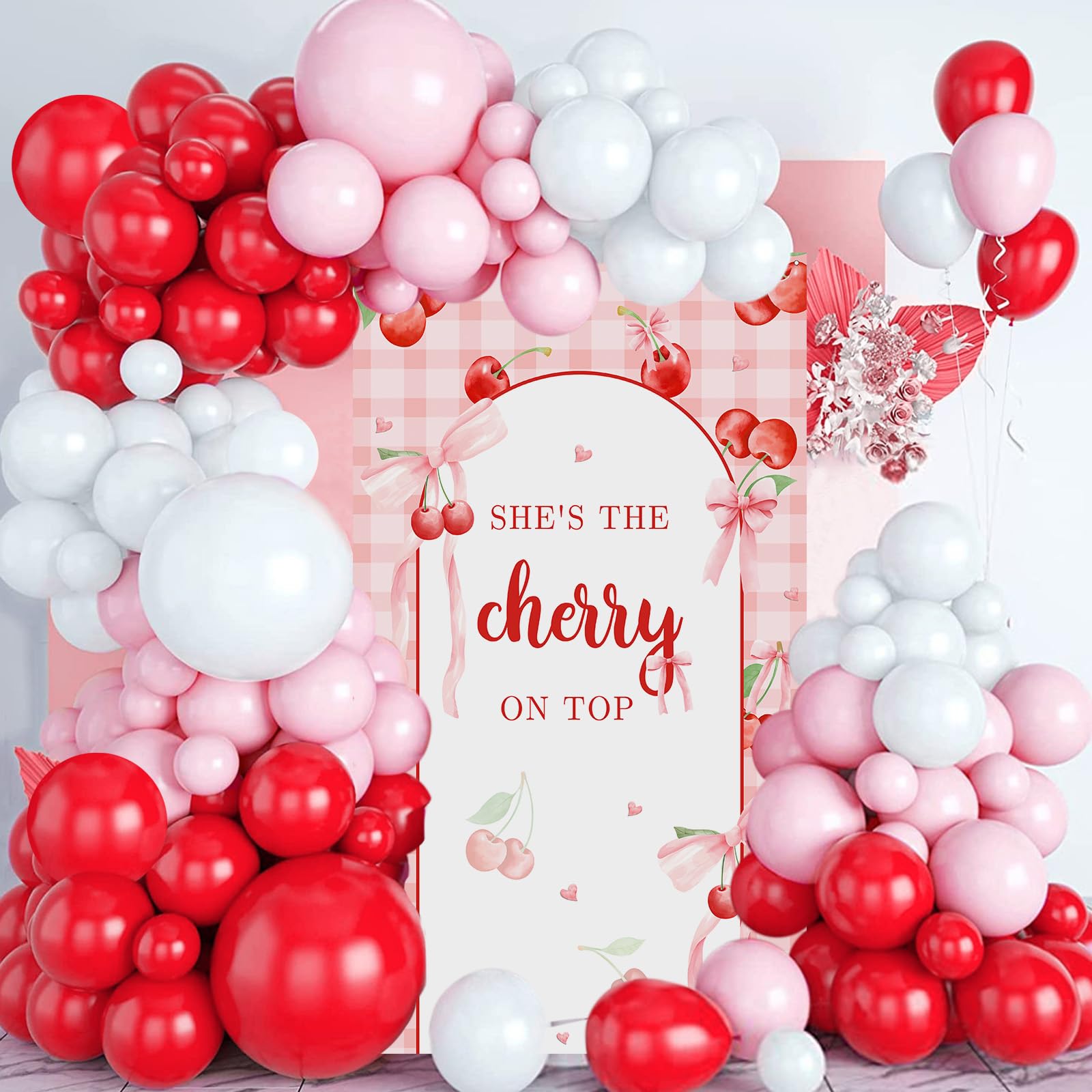 Photo 1 of ****** BACKDROP ONLY ******* MEHOFOND 127pcs Red Pink White Balloons Arch Kit, She is the Cherry On Top Banner Backdrop, Cherry Birthday Bridal Shower Party Decorations, Fruit Baby Shower Balloons Garland Party Decor