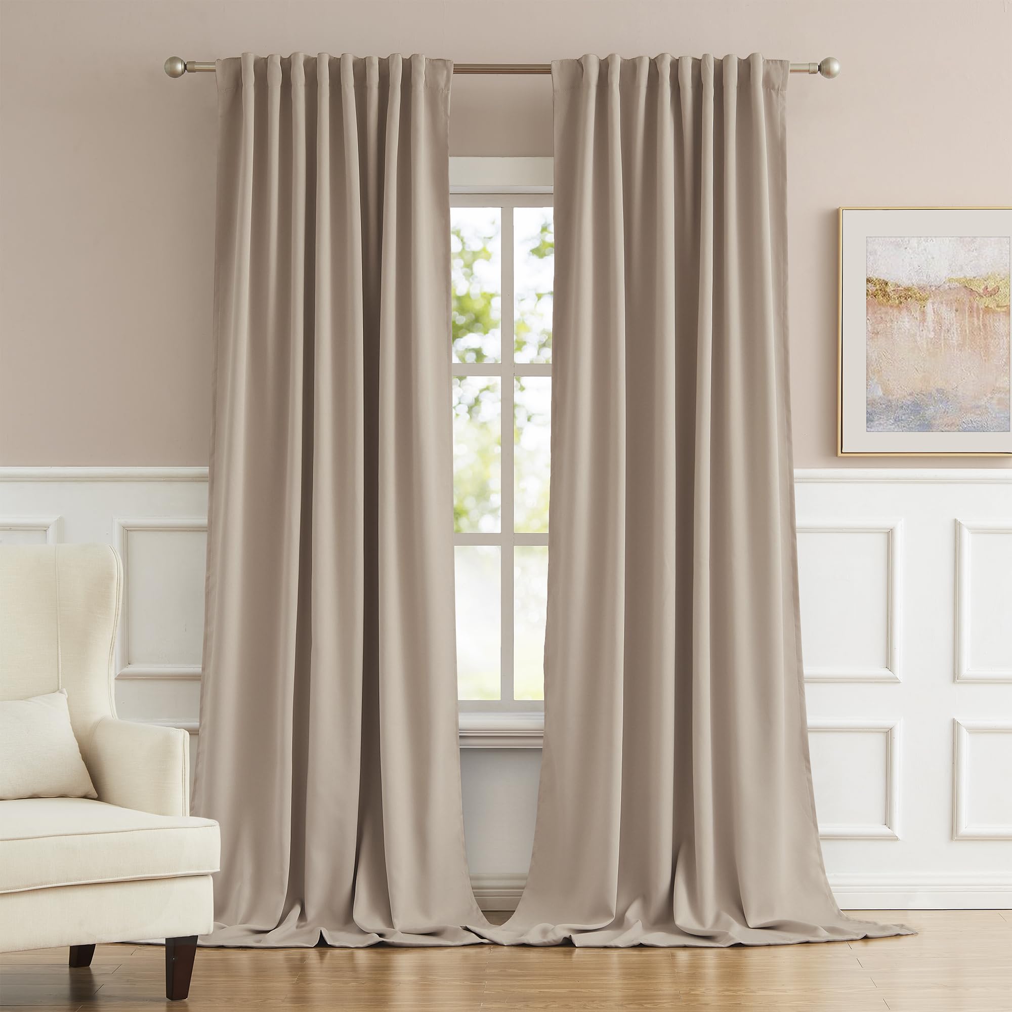 Photo 1 of DUALIFE 132 Inch Extra Long Curtains Rod Pocket/Back Tab,Triple Weave Microfiber Room Darkening Blackout Privacy Draperies W52 x L132 inch 2 Panels, Khaki