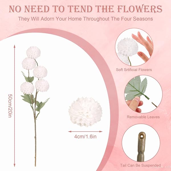 INQCMY ARTIFICIAL FLOWERS 12 PCS FAKE CHRYSANTHEMUMS FAUX KIKU FLOWER LONG STEM 20″ REALISTIC SILK POMPON MUMS FOR VASE WEDDING BOUQUETS CENTERPIECES HOME DECOR (WHITE)