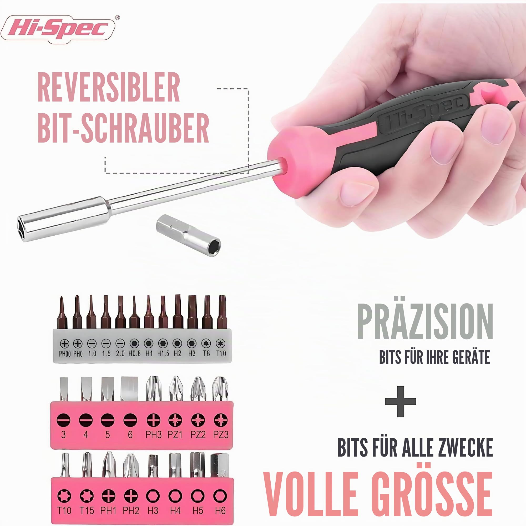 Hi-Spec Werkzeugset mit Koffer, Hammer, Bits und Maßband, Pink 3