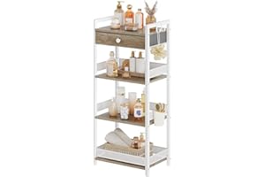 FAVOOSTY Bathroom Ladder Shelf, 4-Tier Bathroom Floor Storage Shelf with Drawer, Freestanding Towel Shelf, Bookcase End Table