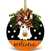 Thyle Halloween Decoration Wooden Ghost Wreath for Front Door Sign | Cute Ghost Welcome Sign with Bow, Halloween Door Hanger, Farmhouse Porch Wall Decor, Halloween Party Supplies 11.8 Inch