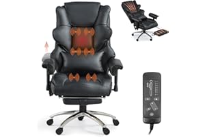 Mvpipi Massage Office Chair with Foot Rest, Ergonomic Executive Heated Office Chair with Reclining Backrest, Adjustable Arms and Lumbar Support, High Back Leather Desk Chairs for Home Office, Black