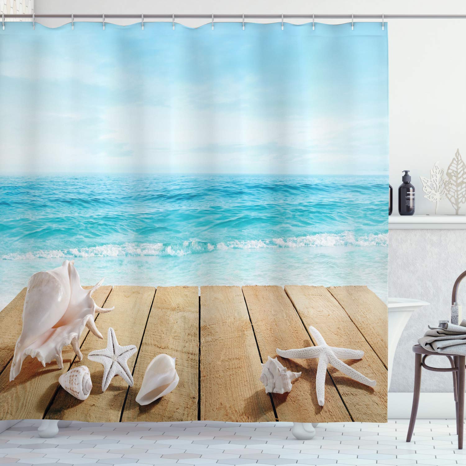 ABAKUHAUS Seashells Shower Curtain, Wooden Boardwald Sunshine Vacations Beach Theme, Cloth Fabric Bathroom Decor Set with Hooks, 70 Inches, Pale Brown Beige โ image 1