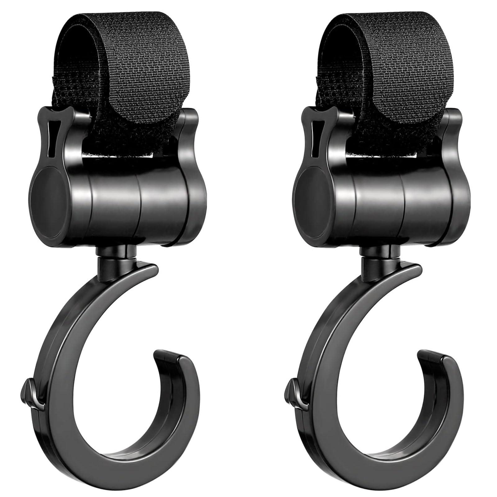 2 Pack Buggy Clips with 360° Rotation – Universal Pram Hooks for Shopping Bags, Handbags & Nappy Bags – Strong ABS Stroller Hooks for Pushchairs, Wheelchairs & Bikes, Black