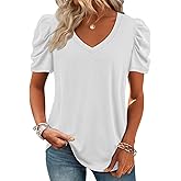ATHMILE Womens Blouse Dressy Casual V Neck Puff Short Sleeve Tshirts Boho Fashion Summer Spring Tunic Top Clothes