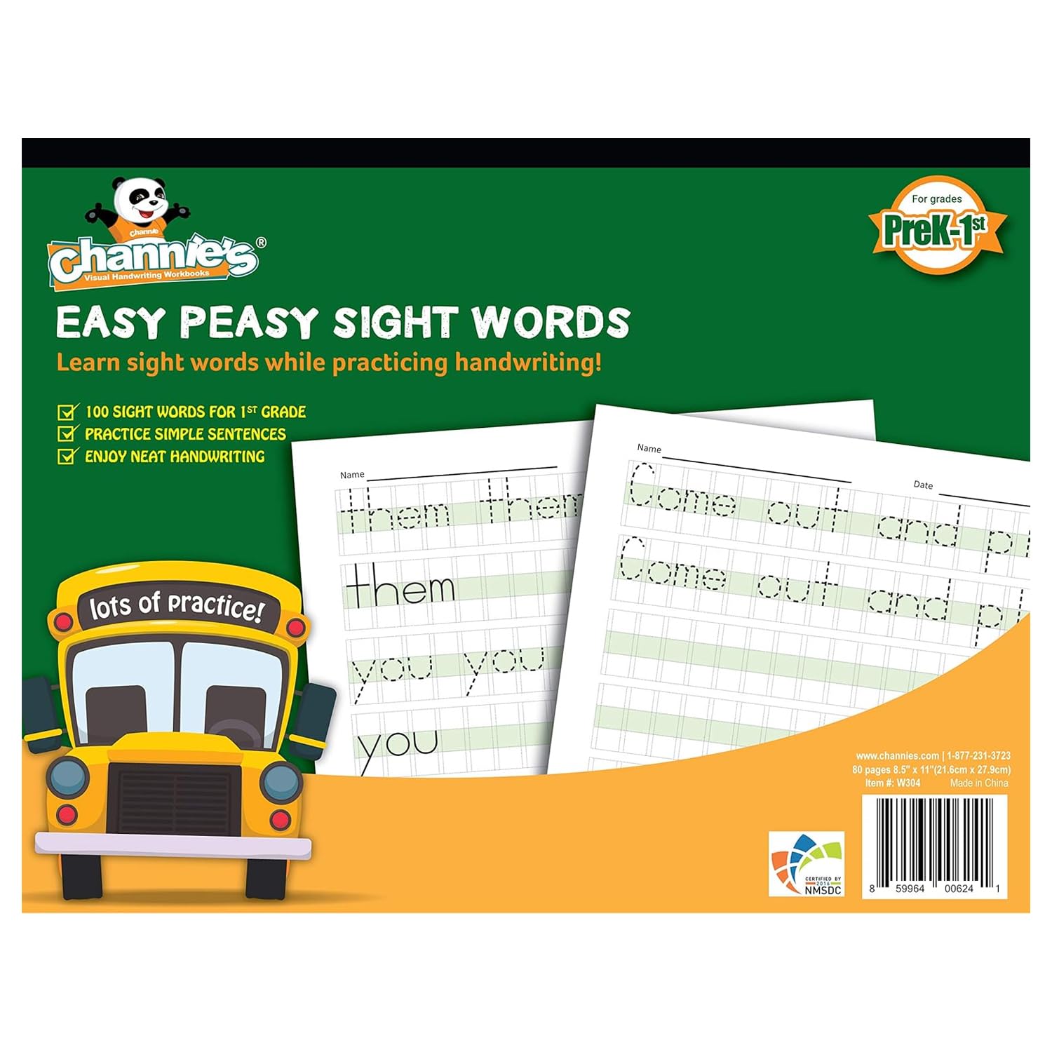 Channie’s Easy Peasy 100 Sight Words Workbook, Practice Printing, Tracing, and Handwriting, 80 Pages Front & Back, 40 Sheets, for Pre-K to 1st Grade, Size 8.5” x 11” Summer School, Summer Bridge