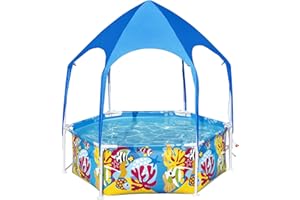 H2O GO Bestway 6' x 20" Above Ground Kids Round Swimming Pool with UV Shaded Top Canopy and Built-in Water Mister, Underwater Sea Designed Exterior