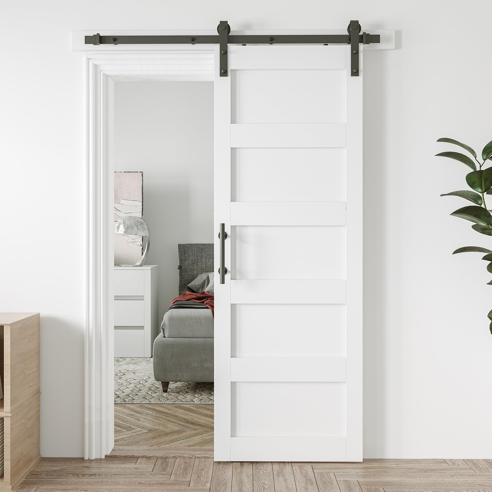 Photo 1 of ****MINOR SCRATCHES ON EDGES****
COSHOMER 30in x 84in Sliding Barn Door with 5ft Barn Door Hardware Kit & Handle, Pre-Drilled Holes Easy Assembly -Solid Barn Door Slab Covered with Water-Proof PVC Surface, White, 5 Panel