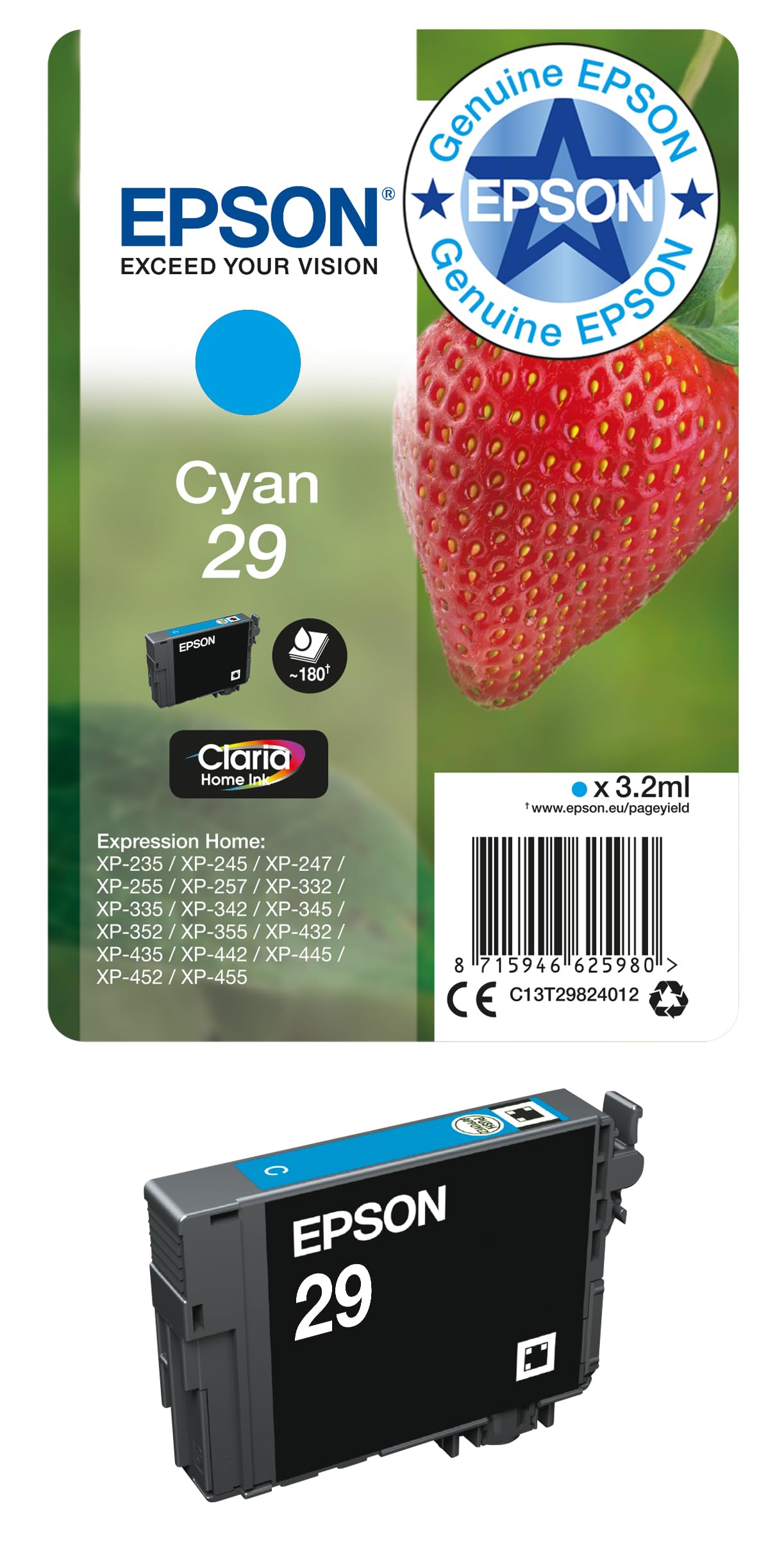 Epson 29 Cyan Strawberry Genuine, Claria Home Ink, Standard