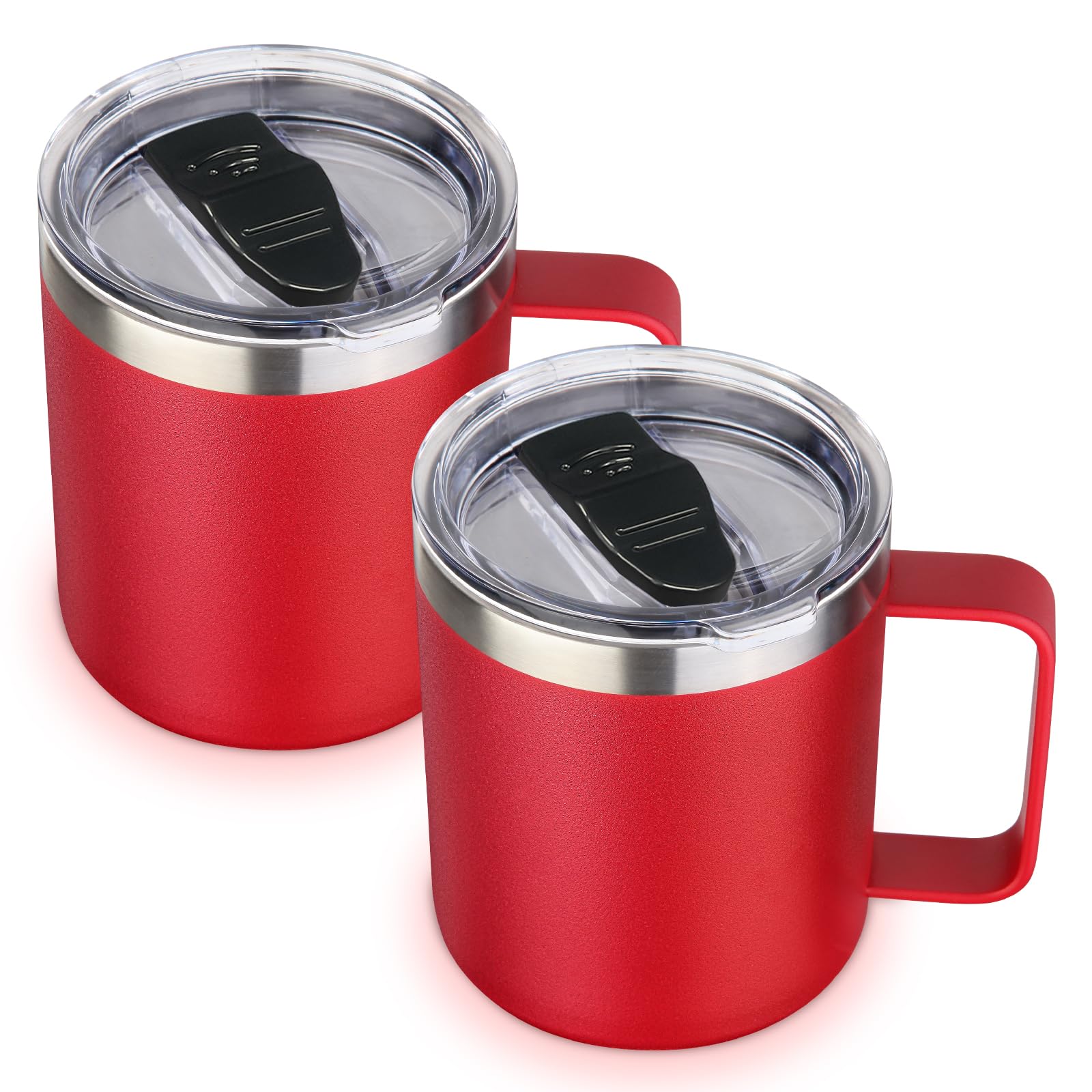 Volhoply 14oz Insulated Stainless Steel Coffee Mug with Lid Bulk 2 Pack,Double Wall Vacuum Travel Coffee Cup with Handle,Reusable Metal Tumbler,Camping Mugs Keep Hot/Cold,Christmas Gifts(Red,2)