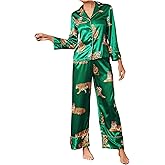WDIRARA Women's Sleepwear Striped Satin Short Sleeve Shirt and Pants Pajama Set