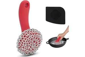 TMEDW Cast Iron Scrubber with Long Handle | 316 Cast Iron Cleaner Chainmail Scrubber for Cast Iron Pan Skillet Cleaner - Dish Scouring Pad Dishwasher Safe Cleaning Kit (Red, 1 Scrubber + 1 Scraper)