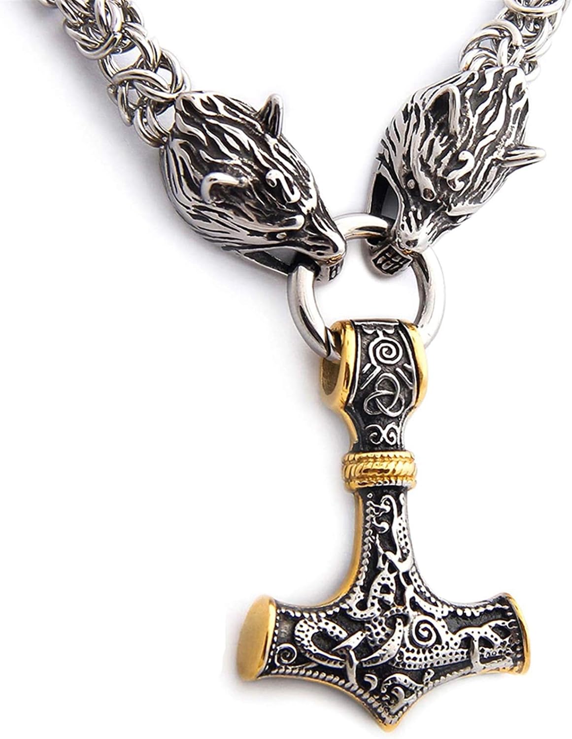 DFWY Men's Viking Mjolnir Thor's Hammer Mixed Gold Pendant Wolf Head