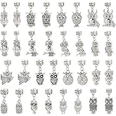 PandaHall 32pcs 16 Styles Owl Alloy Dangle Beads, 5mm Large Hole Tibetan European Charms Pendants Owl Charms Bails for Bracelet Necklace Jewelry Making, Antique Silver